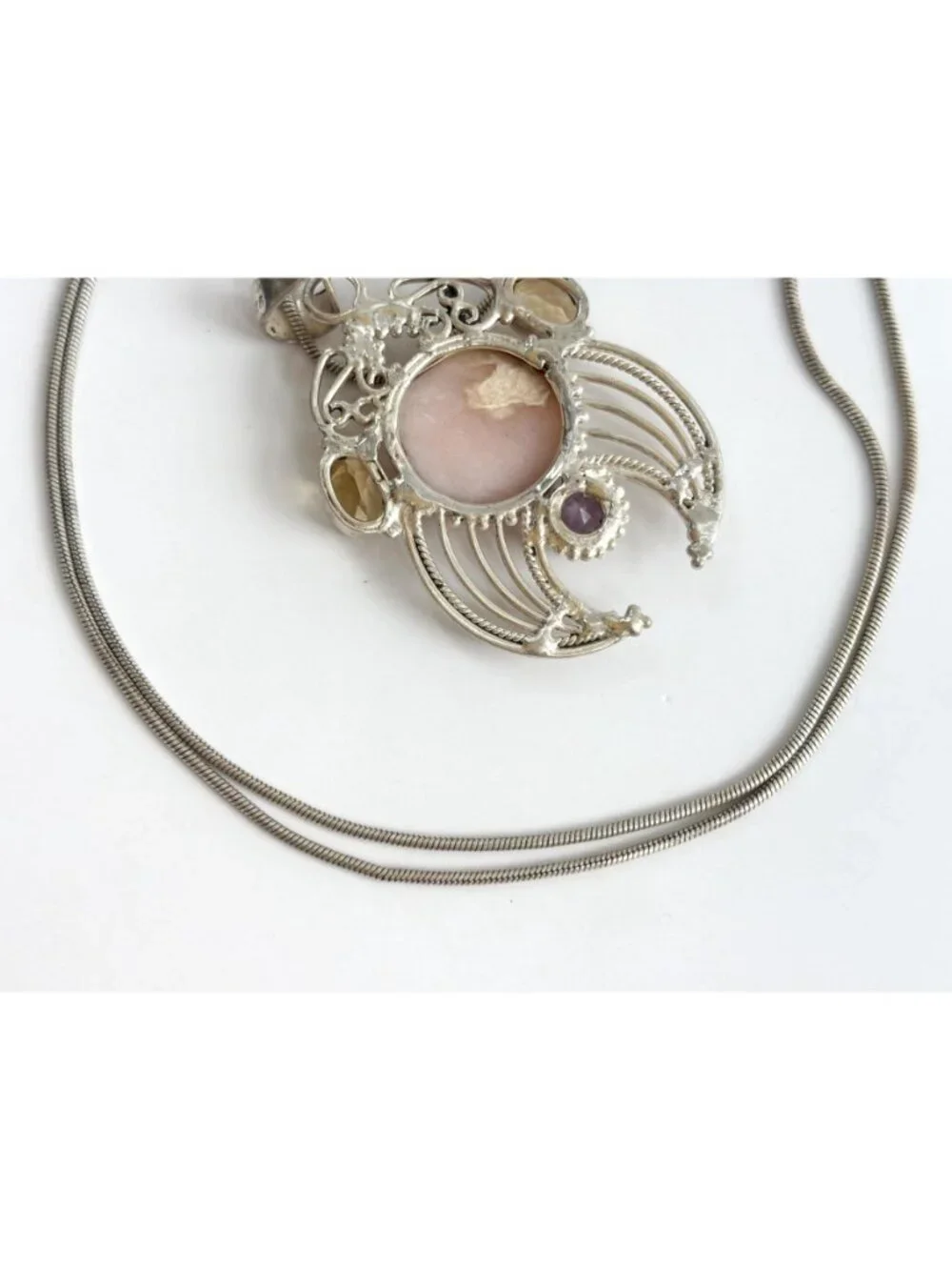 Rose Quartz Amethyst & Citrine Sterling Silver 925 Vintage Pendant Necklace 20